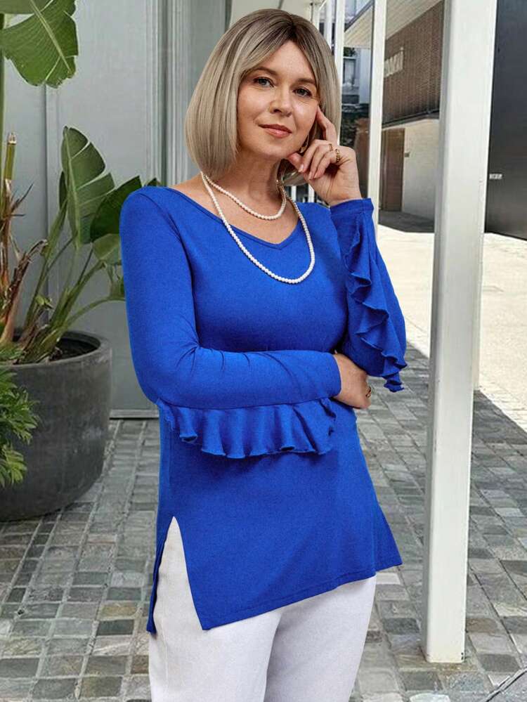 Blue Long Sleeve Winter Tops Slit Hem And Cuff Design Winter Women Clothes