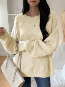 DAZY Heart Jacquard Knit Oversized Crew Neck Women Sweater
