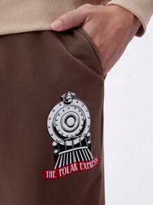 THE POLAR EXPRESS X SHEIN Men Graphic Print Hoodie & Pants Set, For Christmas - Khaki - View 6