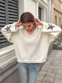 INAWLY 新款复古星形图案宽松针织女式手臂毛衣，休闲时尚