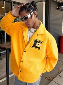 Manfinity VCAY Men's Yellow Embroidered Letter Long Sleeve Jacket, For Fall Winter - Yellow - View 3