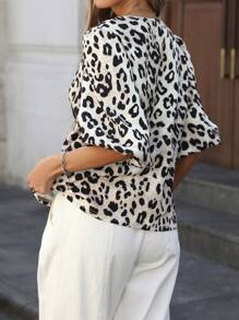 INAWLY Blusa con mangas de linterna de giro con estampado de leopardo de moda para mujer, otoño
