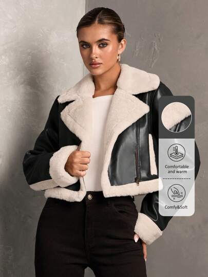 SHEIN BAE Chaqueta minimalista con bolsillo y mangas largas de estilo parche de mujer, ropa de uso diario casual para invierno. Chaqueta de invierno de mujer, abrigo de invierno de mujer, conjunto de ropa de mujer de otoño, chaqueta de mujer, chaqueta forrada de piel de oveja y forro polar marrón para homecoming, chaqueta de piel 3 en 1 acolchada, cálida, suave y amigable con la piel, adecuada para otoño e invierno