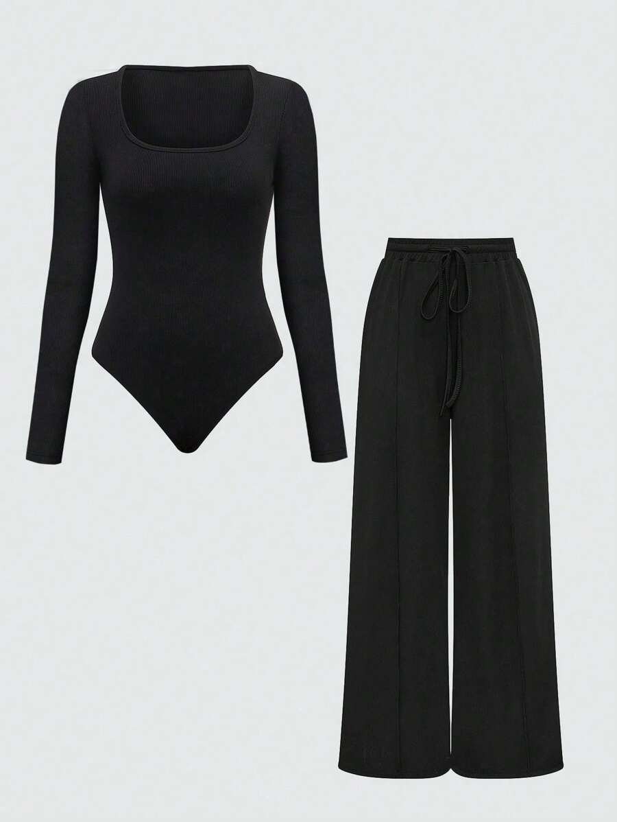 SHEIN Tall Tuta intera donna di colore unito con maniche lunghe e pantaloni, completo casual a 2 pezzi, autunnale - nero - Visualizzare 1