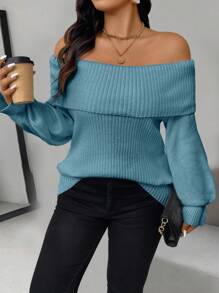 Celure Plus Size Women Off-Shoulder Long Sleeve Solid Color Sweater, Autumn/Winter Knit Pullover Fall Outfit