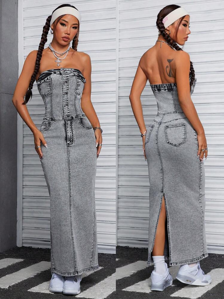 SHEIN ICON Sleeveless Washed Denim Dress For Women | SHEIN USA