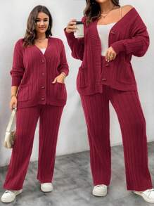 Calvaya 大码女士套装，休闲纯色落肩宽松口袋开衫和针织长裤，冬季