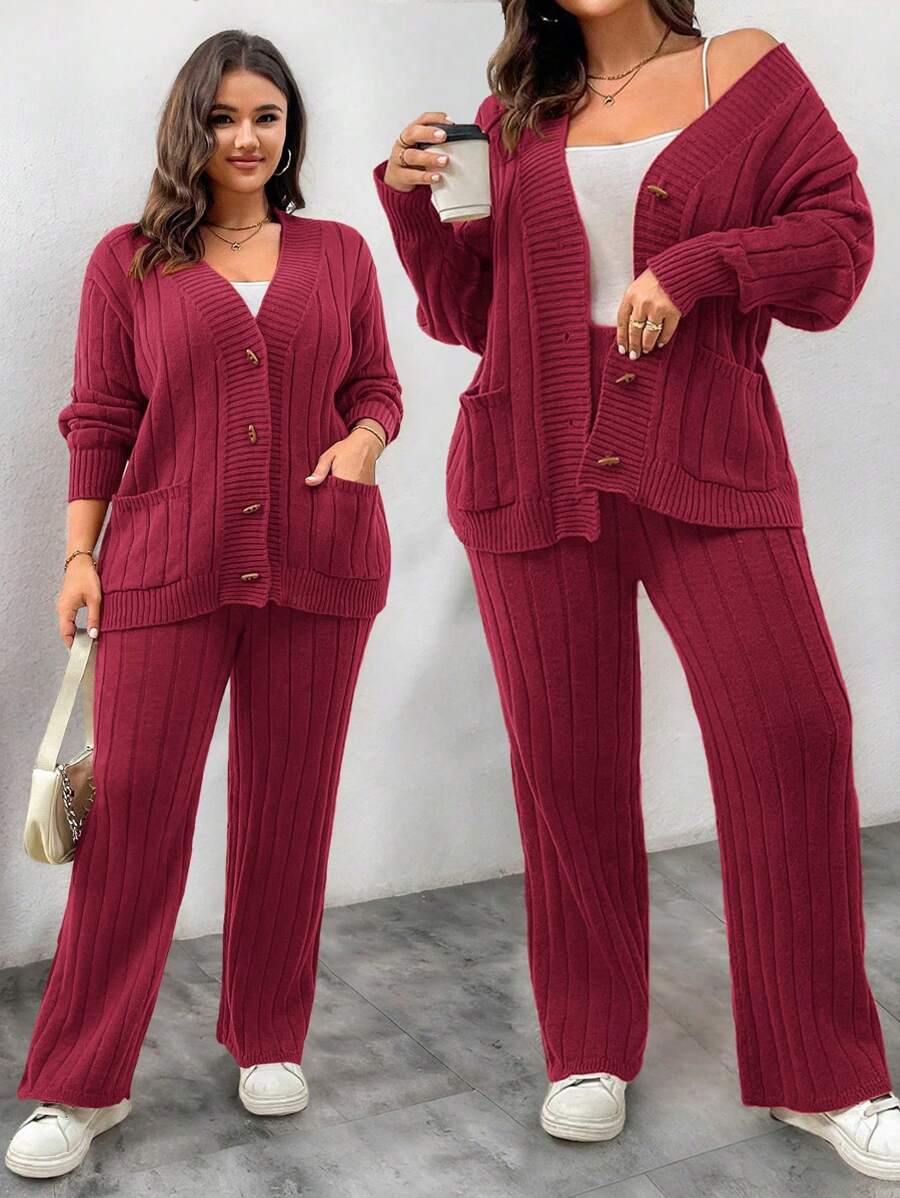 Calvaya 大码女士套装，休闲纯色落肩宽松口袋开衫和针织长裤，冬季