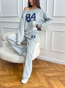 2 件套青少年女孩数字印花不对称领长袖运动衫和裤子，秋季休闲装 - 灰色 - 查看 4