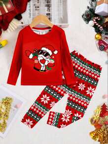 SHEIN Tween Boy Casual Minimalist Snug Fit Long Sleeve Crew Neck Pants, Comfortable Home Wear, Suitable For Autumn/Winter, For Christmas - Multicolor - View 1