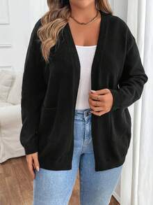SHEIN Clasi 大码女式纯色长袖前开式休闲开衫，秋冬款 - 黑色 - 查看 4