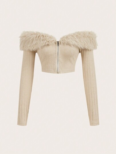 Sweetina Off Shoulder Fuzzy Trim Crop Pink Jacket In Fall/Winter