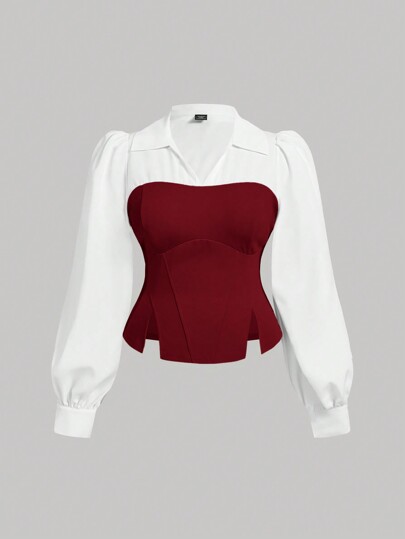 SHEIN MOD Plus Size Color Block Asymmetric Hem Slit Fitted Top Shirt