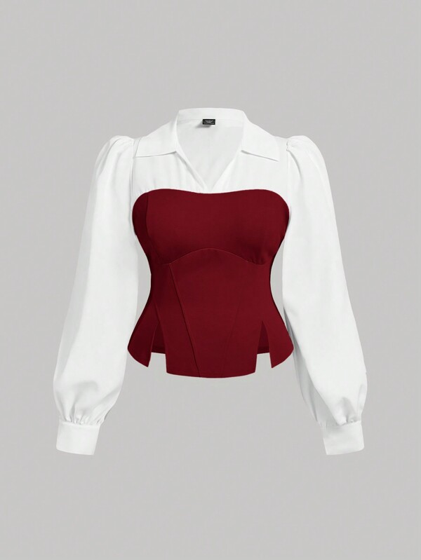 SHEIN MOD Plus Size Color Block Asymmetric Hem Slit Fitted Top Shirt