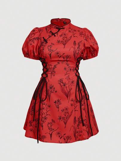 SHEIN MOD Plus Size Chinese-Style Stand Collar Button-Up Short Cheongsam Dress,Birthday Dresses For Women,Valentine Outfits