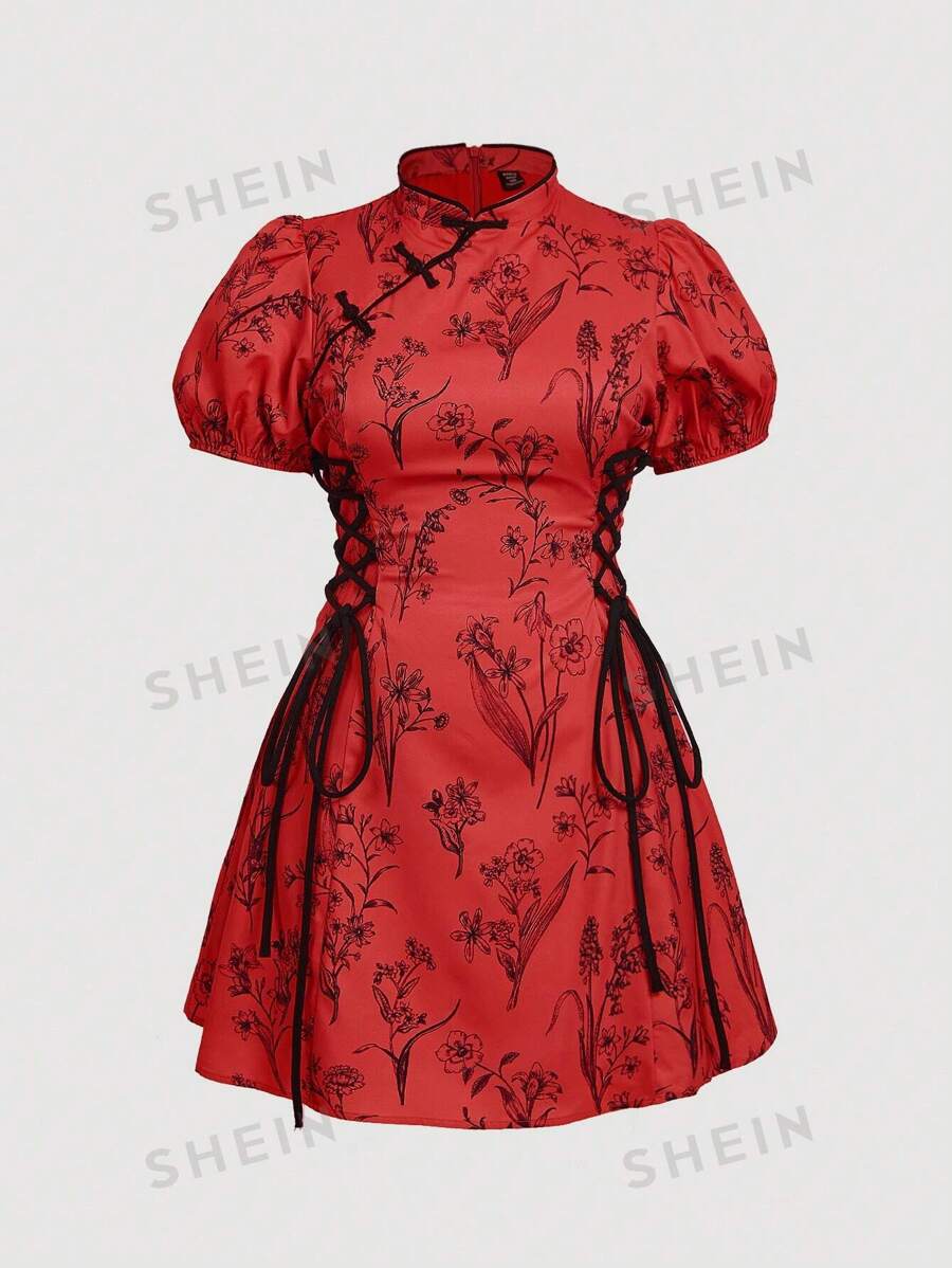 SHEIN MOD Vestido corto cheongsam de cuello alto y abotonado estilo chino talla grande