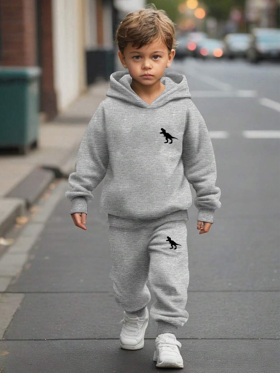 SHEIN Bộ 2 chiếc/Bộ áo hoodie và quần dài in hình khủng long thoải mái cho bé trai, thời trang và thoải mái cho mùa thu/đông - Xám - Xem 1