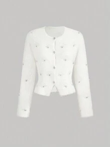 GENKIRA 女士优雅宽松针织开衫，带蓬松、珠子和水钻装饰 - 白色 - 查看 1