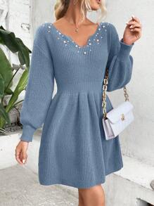 SHEIN Clasi 女式优雅纯色镂空领口灯笼袖仿珍珠装饰高腰毛衣连衣裙 - 水鴨藍 - 查看 4