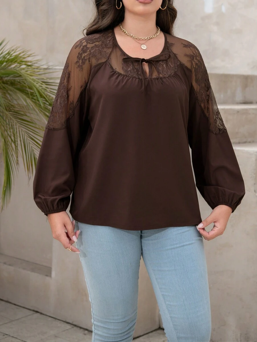 INAWLY Camicia lunga in pizzo, elegante e sexy con maniche lunghe, adatta per uso casual, lavoro e attività all'aperto - Castano - Visualizzare 1