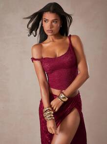 Hauture Solid Color Asymmetric Collar Lace Sexy Sleeveless Top - Burgundy - View 5