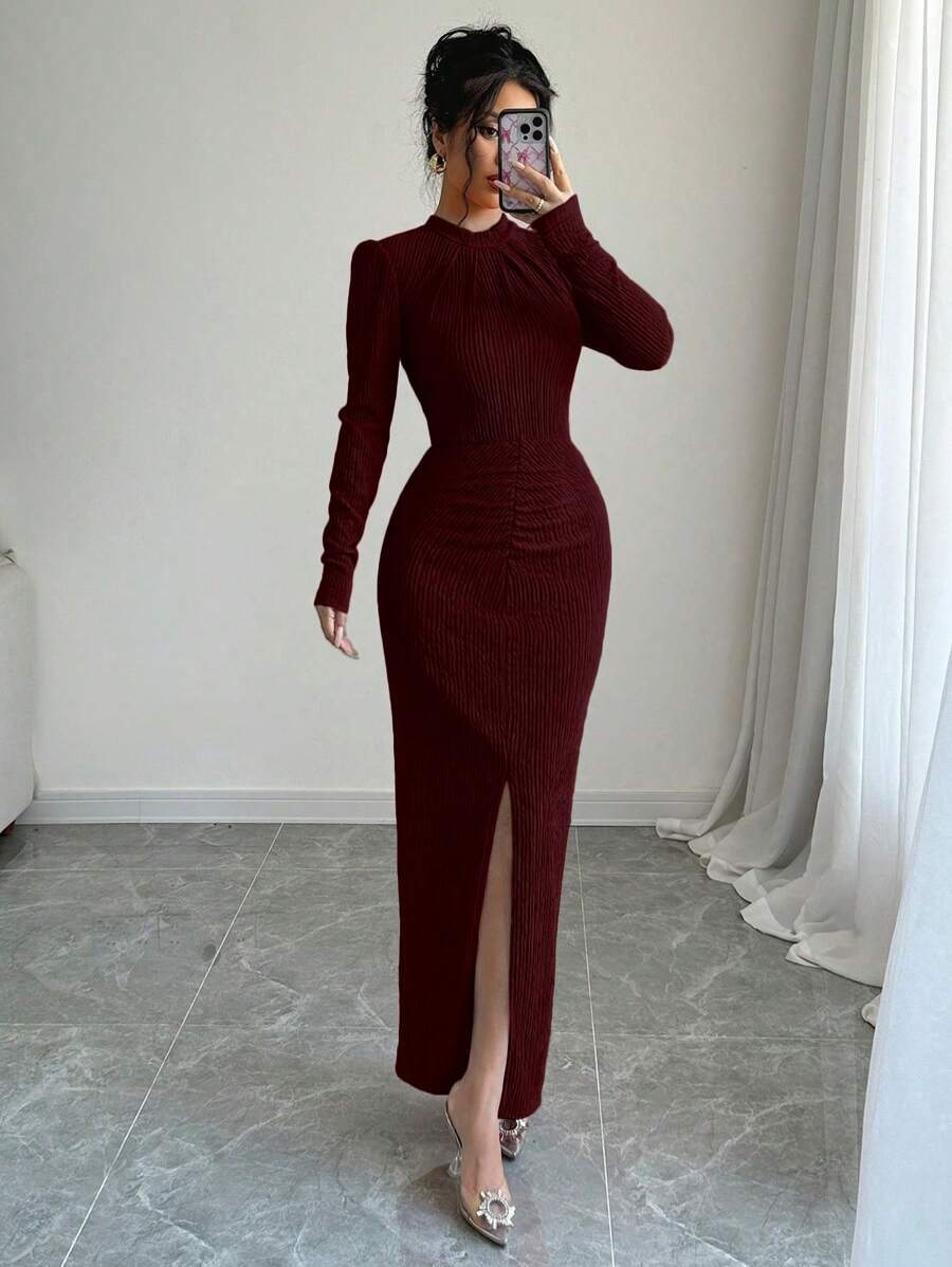 Selianne Đầm Maxi Tay Dài Xếp Ly Cổ Đứng Chia Viền Màu Trơn Trang Phục Nữ - Gỗ đỏ - Xem 1