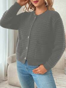 Franclia Plus Size Casual Solid Color Double Pocket Cardigan, Autumn/Winter - Dark Grey - View 5