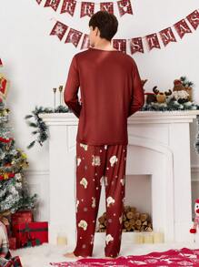 圣诞图案长袖长裤男士睡衣套装 - 酒紅色 - 查看 4