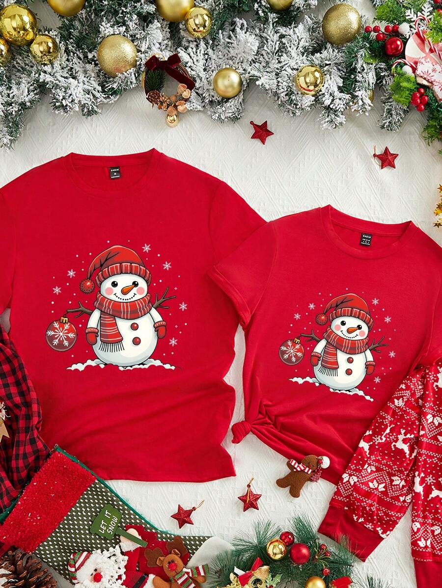 Manfinity Homme Camiseta de manga corta con cuello redondo ajustada de Navidad con estampado de muñeco de nieve de moda casual para parejas, color rojo