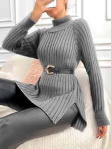 EURMUSE Women Solid Color Turtleneck Ribbed Casual Pullover Sweater - Light Grey - View 5