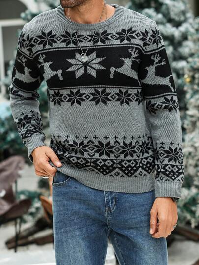 Manfinity CityGents Men's Geometric Deer Pattern Crew Neck Casual Graphic, Color Block Long Sleeve Pullover Sweater, Autumn/Winter Christmas Sweater, For Party, Husband