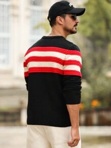 Manfinity CityGents Jersey de cuello redondo de punto casual con estampado rayado de color contrastante de manga larga para hombre - Negro - Ver 7