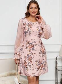 SHEIN Clasi 优雅浪漫花卉印花大圆领长袖修身短款女式加大码连衣裙 - 粉色 - 查看 7