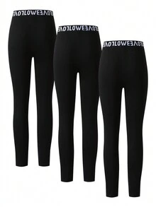 SHEIN Tween Girls Fashion English Text 3pcs Set, Includes Long Leggings, Basic Style, Elastic - Black - View 2