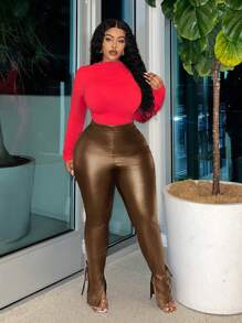 Slaydiva Quần da đen bó sát thanh lịch gợi cảm cỡ lớn xẻ tà buộc dây, mùa thu/đông - màu nâu - Xem 6