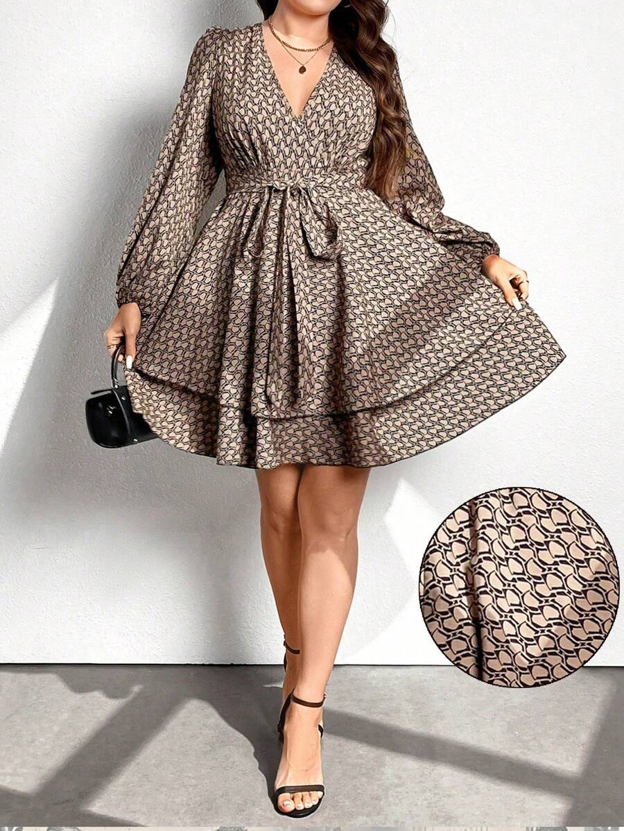 SHEIN Unity 大码 V 领打结多层优雅长袖连衣裙 - 卡其色 - 查看 1