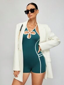 Activina Colorblock Trim Hollow Neck Backless Skinny Sleeveless Jumpsuit - Green - View 4