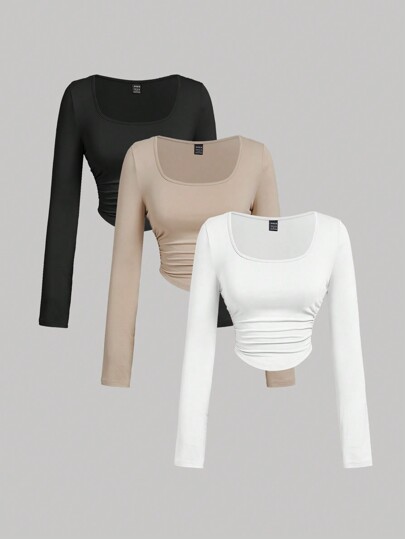 SHEIN MOD 3 piezas Conjunto de camiseta de manga larga con cuello cuadrado plisado casual para mujer, ropa de abrigo, atuendos de mujer para otoño, blusas para salir, atuendos de mujer para vacaciones, Año Nuevo, Blusa blanca