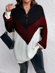 SHEIN LUNE Plus Size Solid Color Stitching Front Zipper Long Sleeve Minimalist Pullover Sweater, For Winter