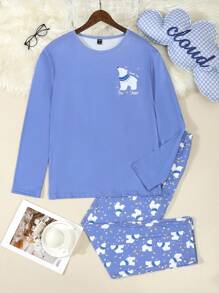 2pcs Men Polar Bear Print Casual Lounge Set, Including Long Sleeve Top And Pants, Comfortable And Fashionable - Blue - View 3