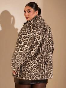 SHEIN BAE Plus Size Women Elegant Gangster Wife Luxurious Leopard Print Lapel Long Sleeve Warm Fluffy Mid-Length Coat For Autumn/Winter