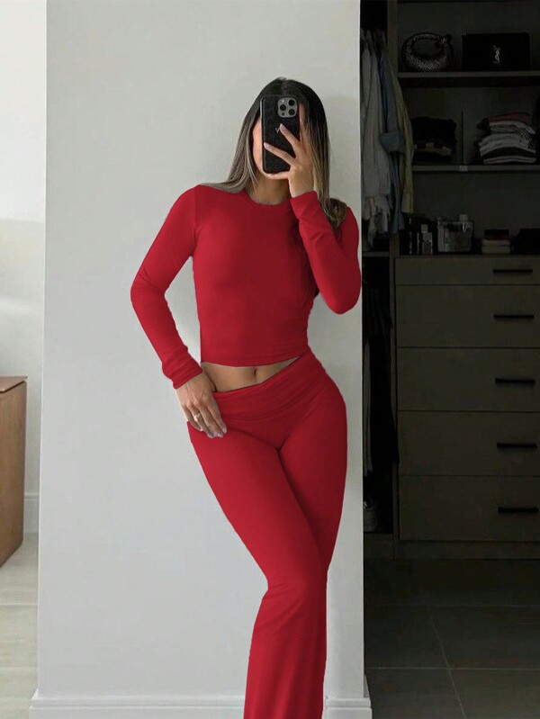 INAWLY Solva 2pcs Women Solid Color Crew Neck Long Sleeve Top And Pants Casual Set Fall Cloth For Women