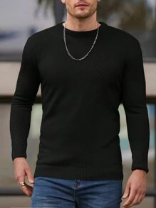 RueChic Men Round Neck Solid Regular Black Long Sleeve Sweater - Black - View 4