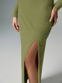 Poéselle 1 件女士休闲简约纹理开衩长裙，秋季 - 綠色 - 查看 5