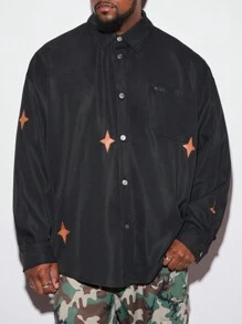 Manfinity VCAY Plus Size Men Star Print Loose Long Sleeve Woven Urban Fashion Shacket, For Friends, Husband, Boyfriend Gifts, For Fall Winter - Black - View 1