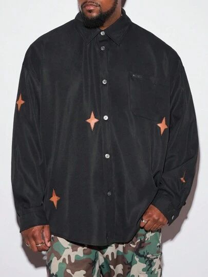 Manfinity VCAY 加大码男士星星印花宽松长袖都市时尚梭织外套，适合送给朋友、丈夫、男朋友的礼物，适合秋冬