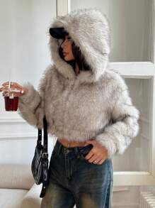 SHEIN EZwear Chaqueta corta con capucha esponjosa de moda para mujer en otoño/invierno - Caqui - Ver 3