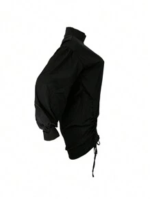 1543 Women European & American Style Stand Collar Loose Solid Color Lantern Sleeve Shirt Dress - 黑色 - 查看 4