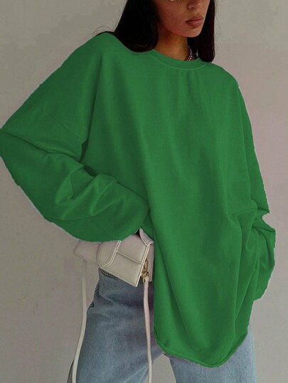 INAWLY Plus Size Solid Color Round Neck Loose Casual Long Sleeve T-Shirt