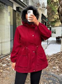 Flirla 大码女式可拆卸毛皮派克大衣，带拉链开合和口袋，适合冬季防寒